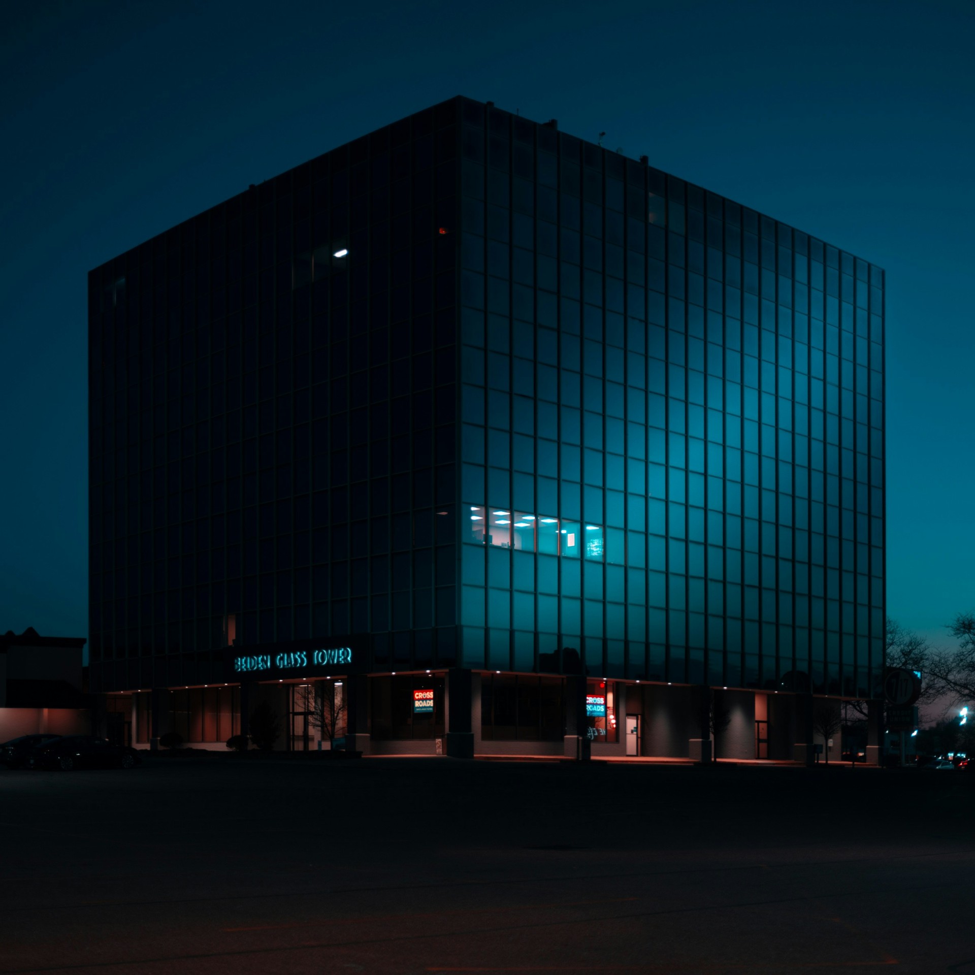 Enterprise glass tower at dusk